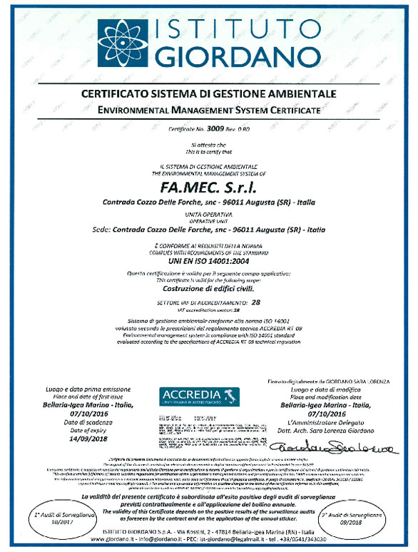 Certificato sistema di gestione ambiente istituto giordano